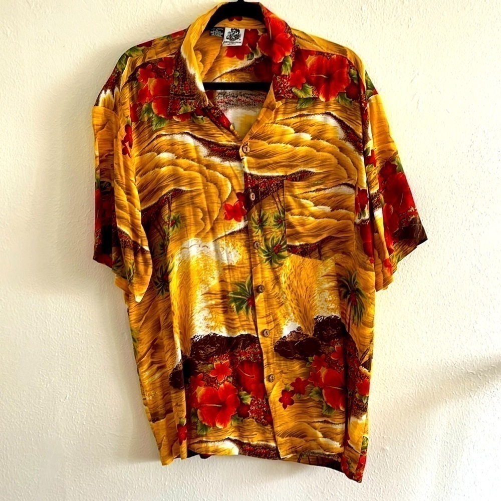 Kennington Hawaiian Short Sleeve Button Down Floral + Palm Print Shirt XL